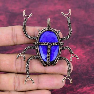 Faceted Blue Sapphire Pendant Copper Wire Wrapped Jewelry Gemstone Beetle Pendant