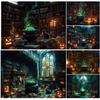 Halloween Backdrop Retro Library Bookshelf Books Magic Soup Witch Black Cat Pumpkin Skull Hallow Photography Background Decor