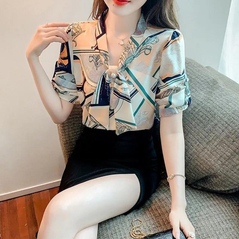 Spring and Summer Design Sense Temperament Shirt Long-sleeved Blouse Three-quarter Sleeve Printed Chiffon Shirt Women's Clothing