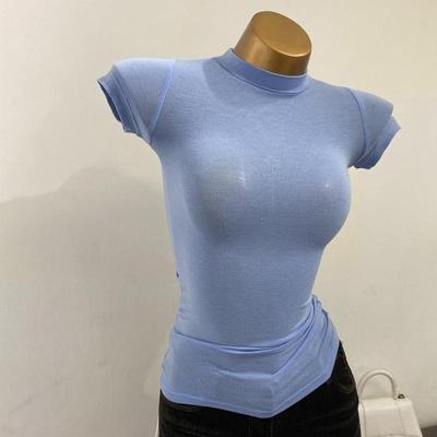 T-shirt collo semi-alto coreano trasparente a maniche corte slim-fit elastico solido camicia con fondo interno T-shirt sexy a petto grande