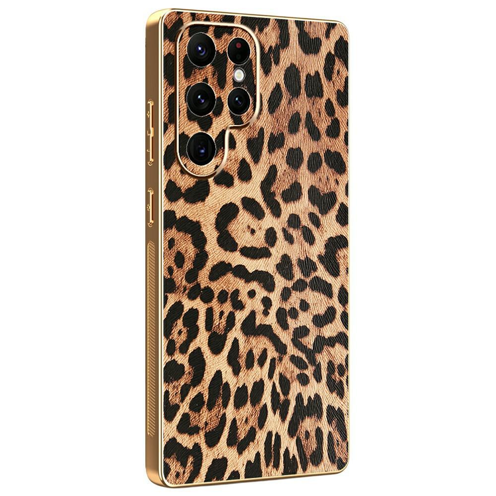 

For Samsung Galaxy S22 Ultra 5G Case Leopard Print PU Leather Coated PC+TPU Electroplating Phone Cover A