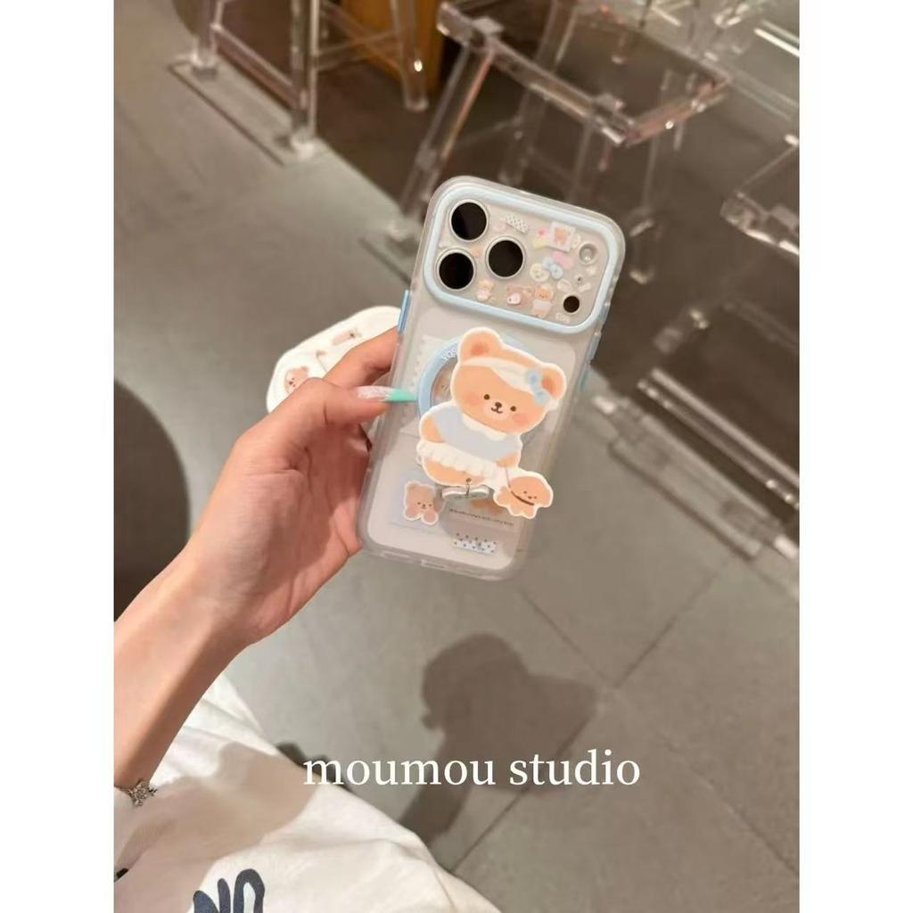 Cute Transparent Bear Illustration Magnetic Attraction Is Suitable for Apple 17promax Mobile Phone Case Anti-drop New 16pro Women
