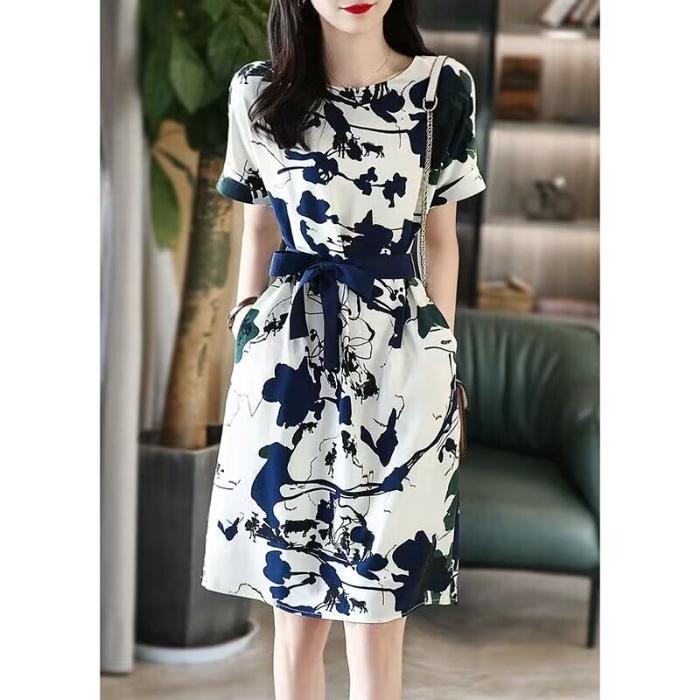 Women s Round Neck Short Sleeve Midi Dress Slim Fit High Waist Belted Ink Print A-Line Dress Casual Summer Elegant Fashion Dress M