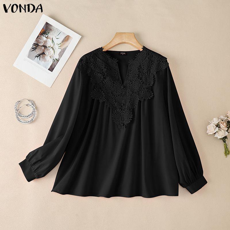 VONDA Summer Women V Neck Crochet Lace Splicing Loose Casual Long Sleeve Blouse