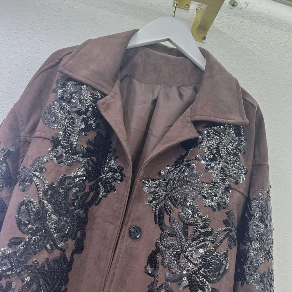 2024 Women's Brown Leather Jacket: Cool Style with Heavy Sequin Embroidery in Motorcycle Design