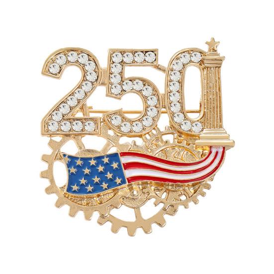 

Women Brooch Golden 3D Number 250 Rhinestones Mechanical Gear Base Metallic Design Brooch Pin Sparkling Number Badge Gold Plated Copper
