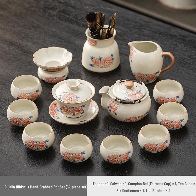 High-grade Beige Ru Kiln Hibiscus Ceramic Tea Set – Includes Teapot, Teacups, and Teaplate for Kung Fu Tea Ceremony, Suitable for Home and Office.