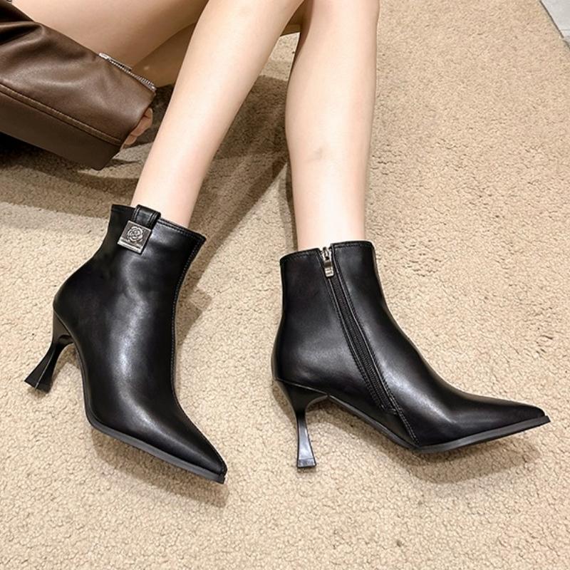 

2025 New Women Genuine Ankle Boots Pointed Toe Thin High Heels Zipper Short Boots Ladies Fashion Shoes Winter Brown Black 35 чёрный