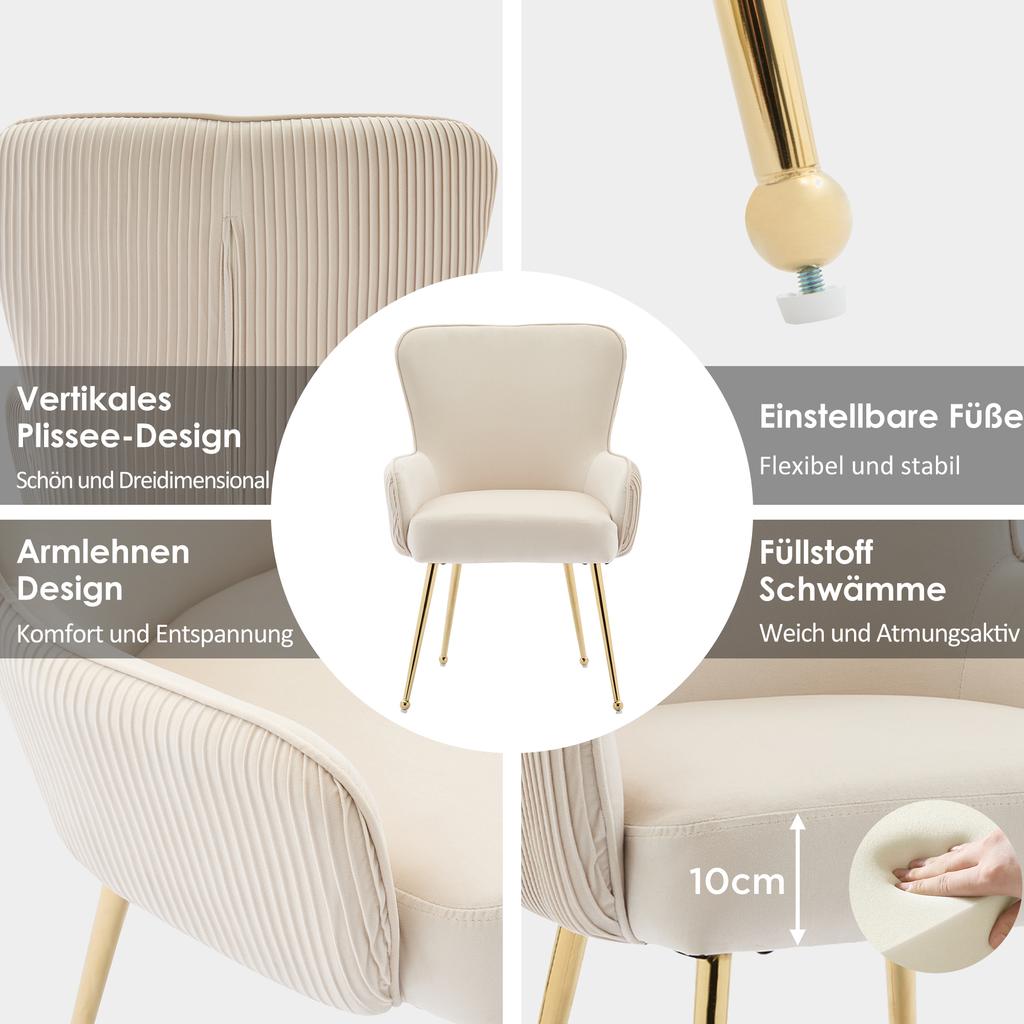 Velvet Dining Chair, Set of 6, Luxurious, Lounge Chair with Four Gold Metal Support Legs, With Armrests and Adjustable Feet, Lumbar Support, Beige