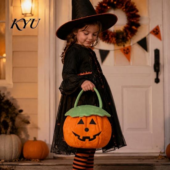 Soft Plush Halloween Tote Pumpkin Bucket, Cute Trick-or-Treat Bag, for Kids Candy Basket with Handle Girls Boys Party Favors Decoration Bag