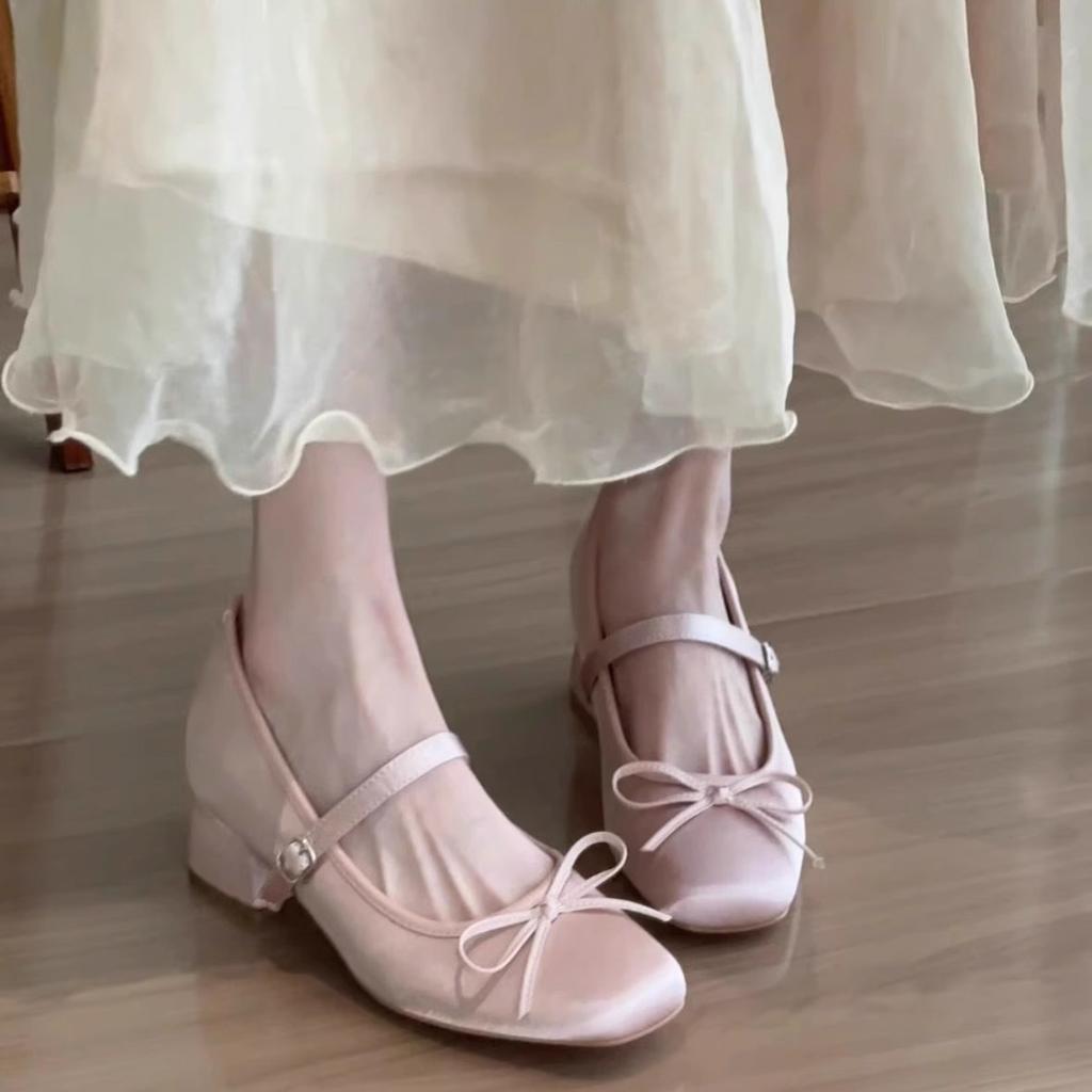 Sheepskin~ Inner Height Increase 7CM Satin Bow High Heel Mary Jane Shoes Women's Thick Heel Soft Sole Versatile Ballet Single Shoes Women