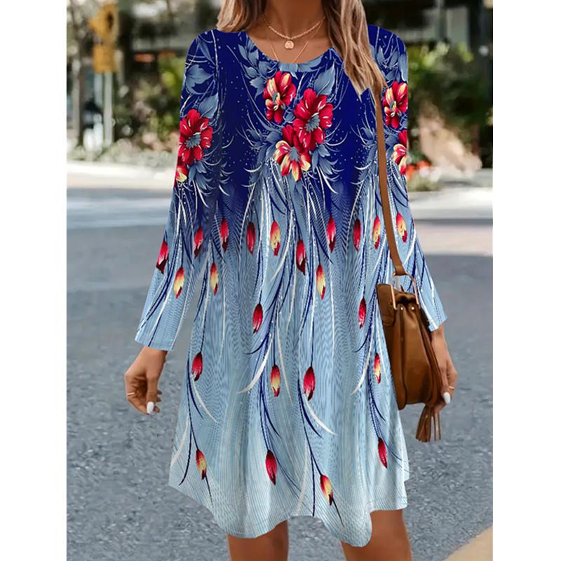 Women Long Sleeve O-Neck Casual Loose A-Line Dress Autumn 3D Floral Printed Dress Vintage Elegant Lady Dress Vestidos De Muj