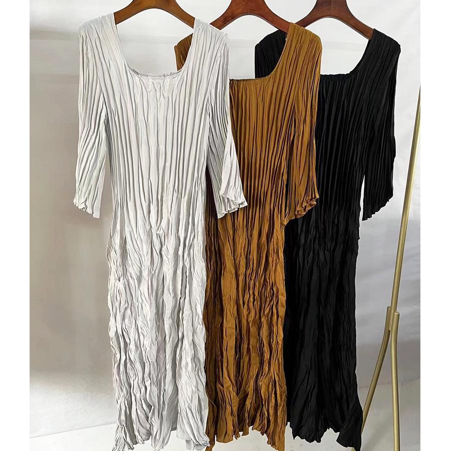 

Женское платье премиум-класса ручной работы с плиссировкой - Осенняя мода, квадратный вырез, юбка миди One Size чёрный