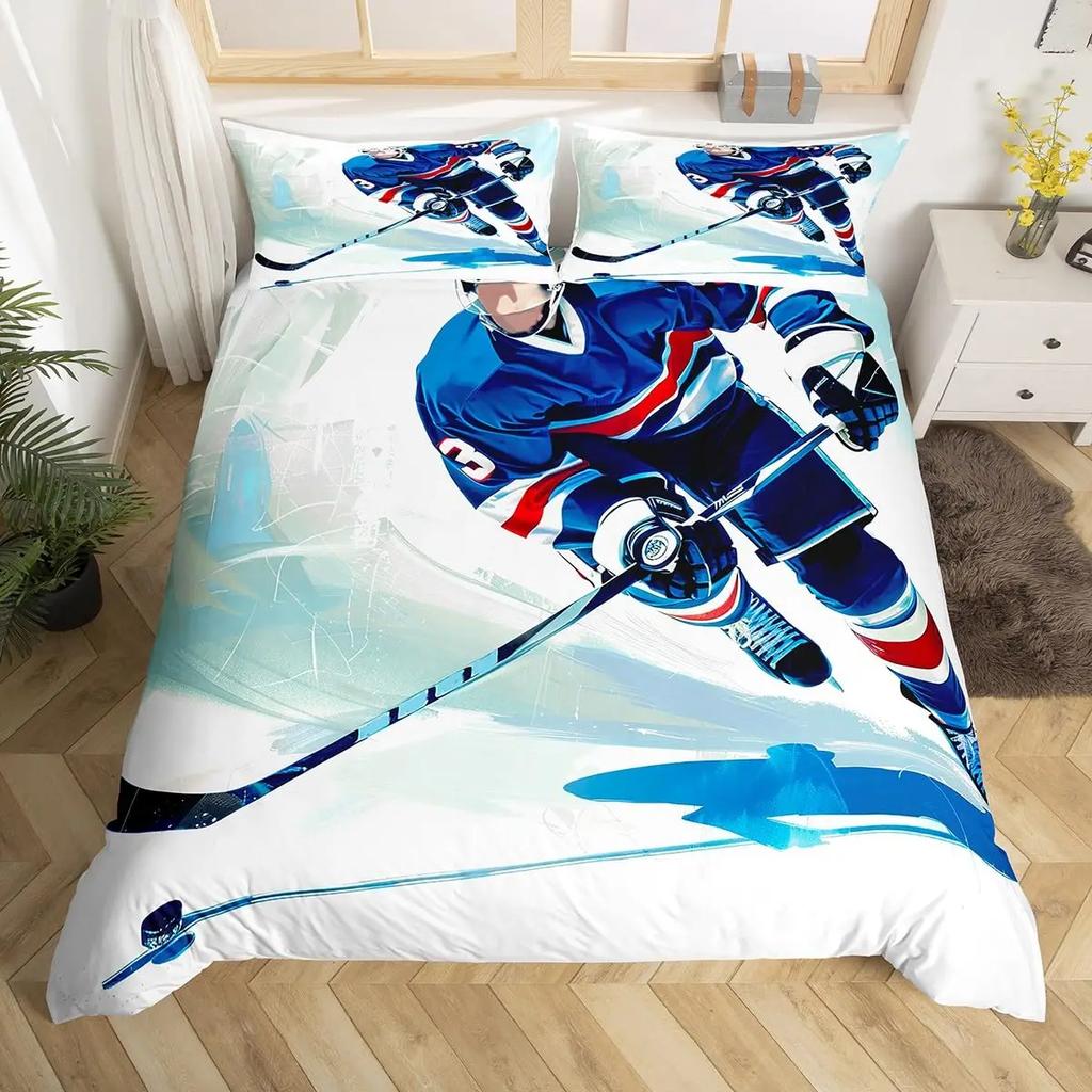 Capa de Edredom Graffiti Hóquei no Gelo Conjunto de Cama Esporte de Inverno Crianças Meninos Jogador de Hóquei Capa de Edredom Aquarela Esportes Capa de Colcha