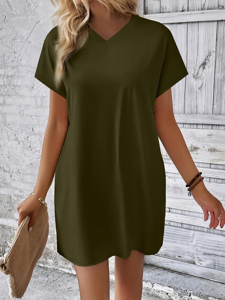 2024 Women's Solid Color Round Neck Loose Short Sleeve Pocket Dress - Spring/Summer Collection