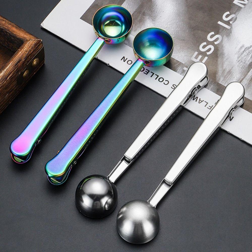 1pcs With Sealing Clip Measuring Spoon Stainless Steel Long Handle Spoon Portable Coffee Spoon  Home