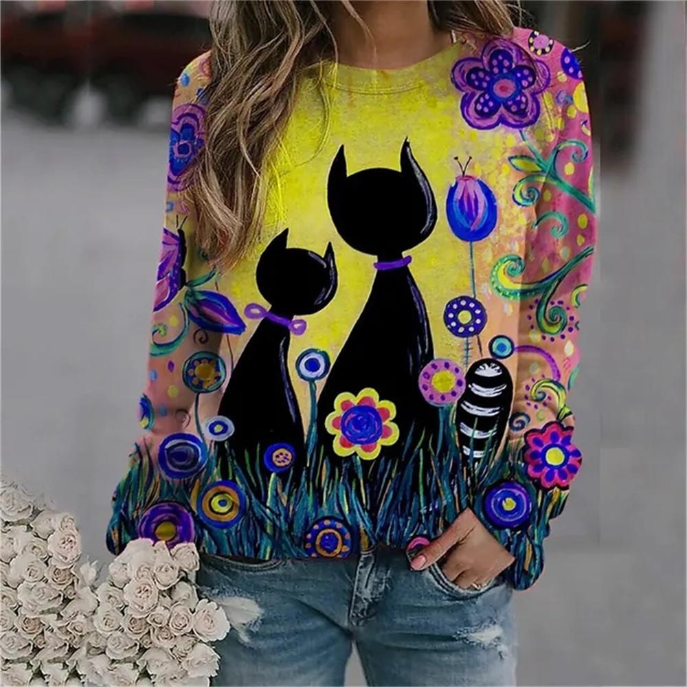 

Весенне-осенняя женская новая повседневная футболка с 3D животным принтом кота, пуловер, модный повседневный уличный топ с длинными рукавами в стиле Харадзюку L