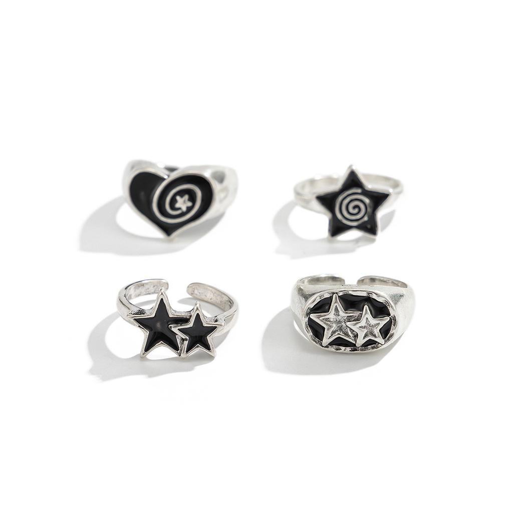 Dark Oil Drip Pentagram Ring Set for Men Hip Hop Niche Heart Ring Men's Jewelry