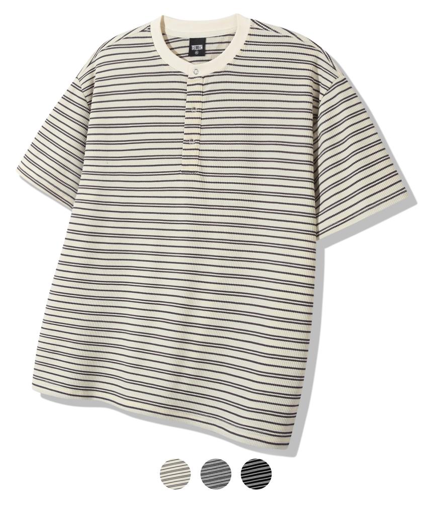 TRILLION Stripe Ring Snap Henley Neck Half Sleeve_3Color