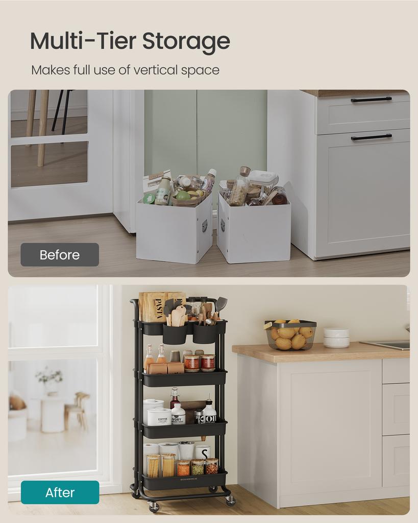 SONGMICS 4-Tier Storage Trolley, Rolling Trolley with Handle, 2 Small Organisers, Steel Frame, Steel Baskets, Utility Cart, Easy Assembly