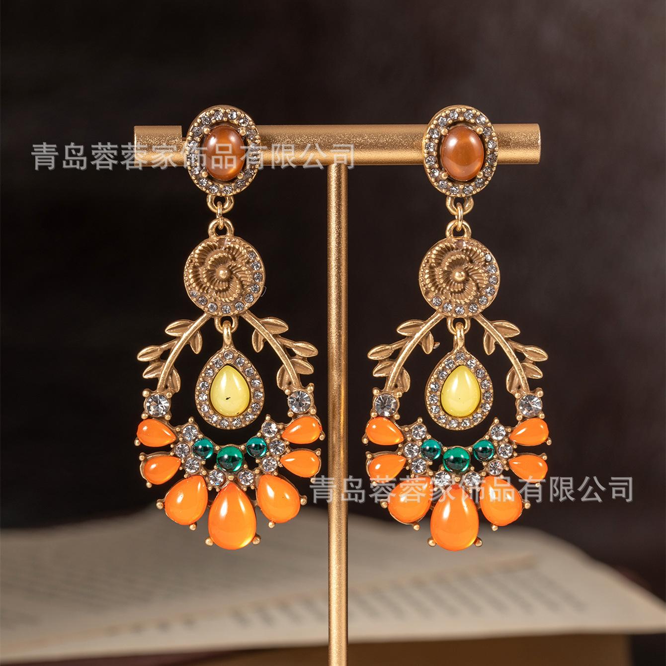 

Antique Heavy Industry Waterdrop Fan Shaped Exaggerated High End Eardrops Vintage New Chinese Earrings Cross Border