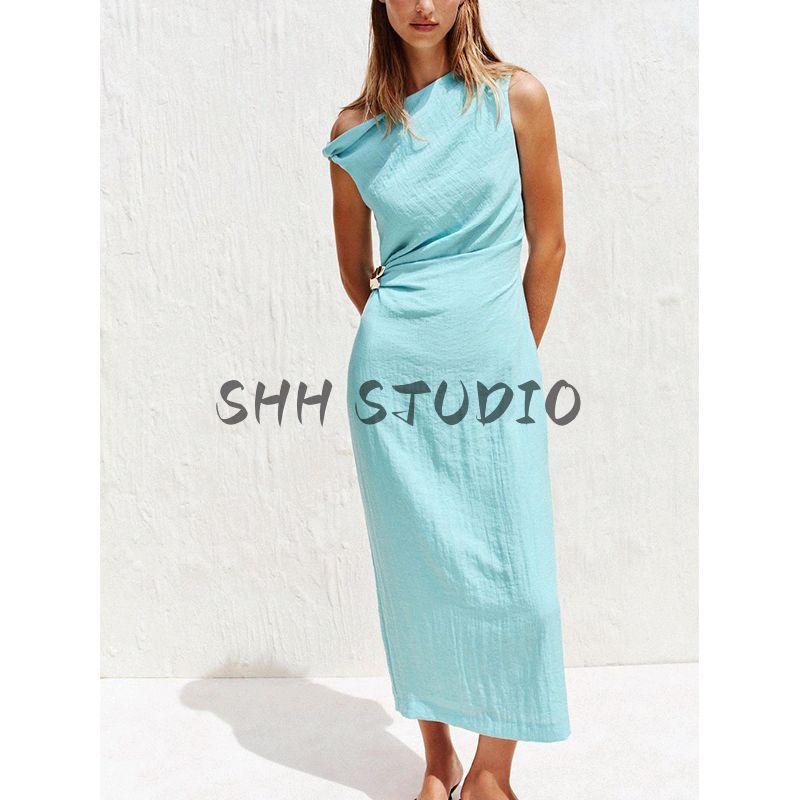 Summer New Product Women's Clothes Vacation Boat Collar Sleeveless Inlay Asymmetric Midi Skirt Length Dress 8037392