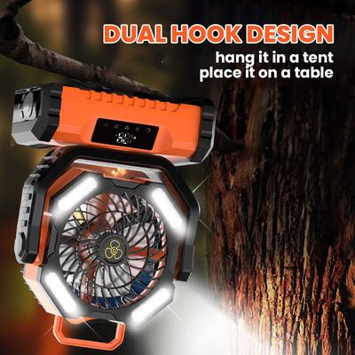 20000mAh Akkubetriebener Ventilator, Tragbarer Wiederaufladbarer Tisch-/Camping-Ventilator mit LED-Licht und Haken, Outdoor-Ventilator für Zelt, Autofahrt