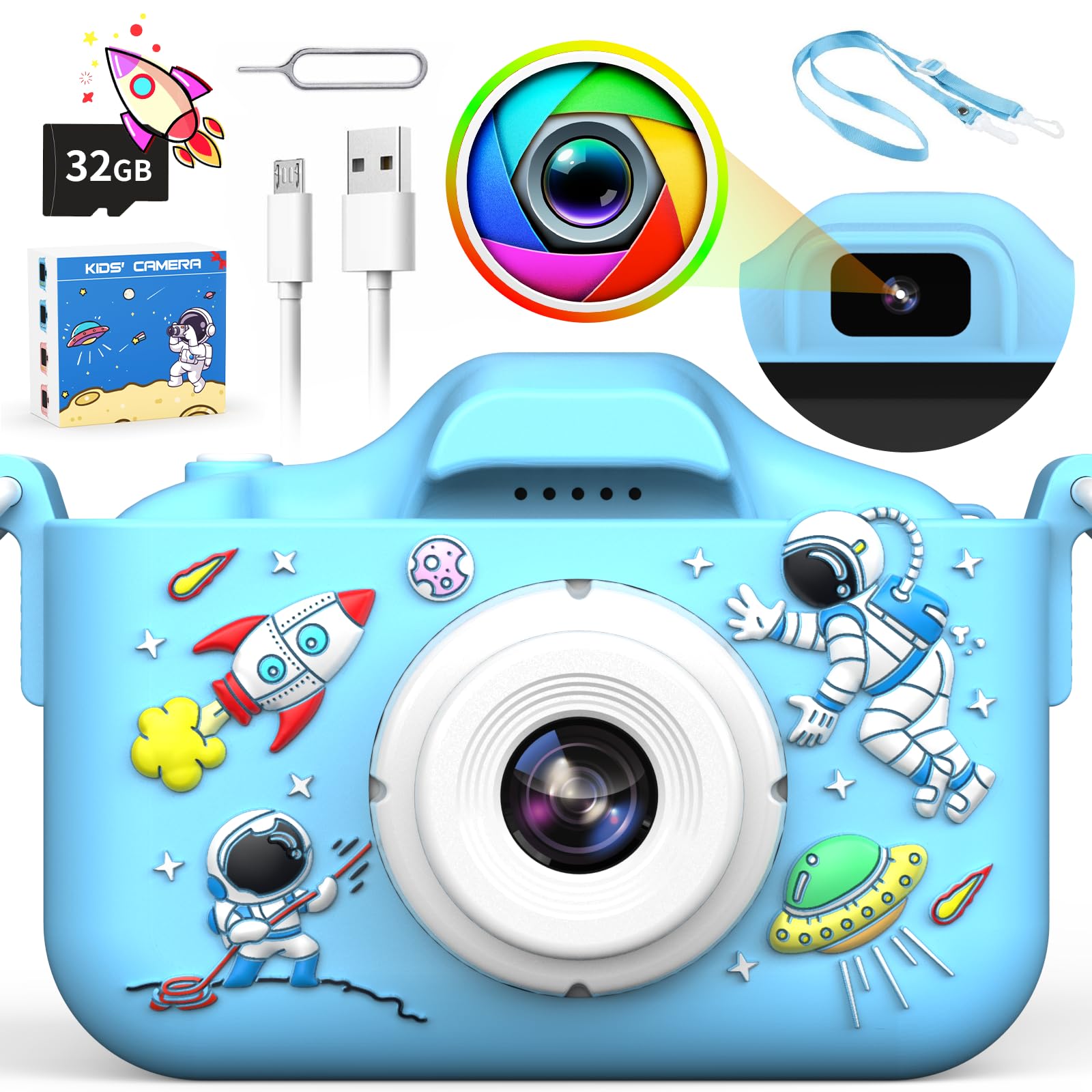 

Toy Camera for Boys and Birthday Gift for Ages and 1080P USB Continuous LCD 8x Timer Easy Japanese Instruction Manual Astronaut Style Kids Camera, синий