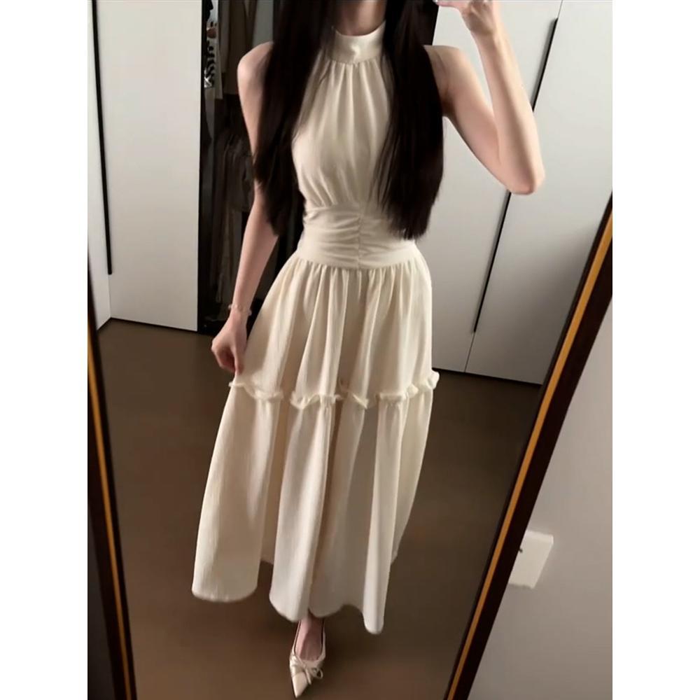 

Французское белое платье на бретелях через шею женское летнее высококлассное темпераментное приталенное без рукавов длинное платье XL- (recommended 110-60kg)