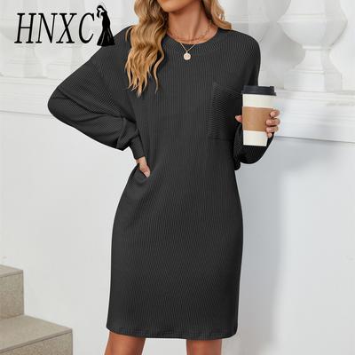 HNXC Women's Fashion Autumn Winter Solid Color Print Long Sleeve O-Neck Casual Dresses