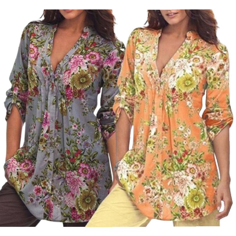 Women Tops Shirt Vintage Floral Print V Neck Tunic Tops Blouse Clothing Gift