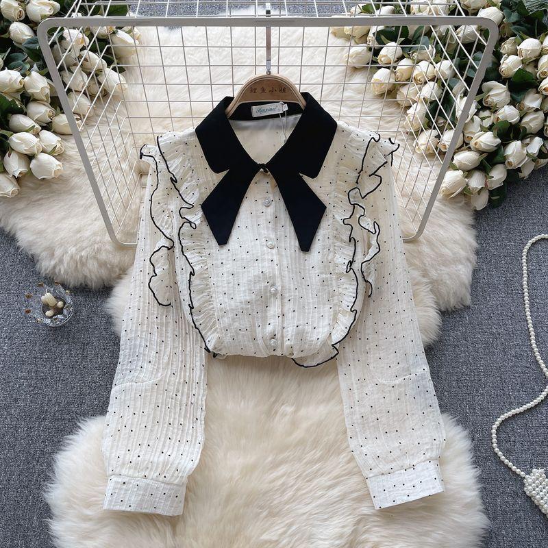 

Polka Dot Autumn Clothes Wooden Ear Silm Versatile Long Sleeve Shirt Apricot color 2XL