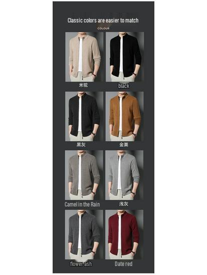 Męski gruby wełniany sweter rozpinany, kołnierz stojący, 520g, gruba gładka tkanina, casualowa ciepła odzież wierzchnia na zimę.