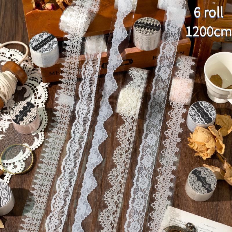 6 rolls/set, vintage washi tape, lace elements, can be used for border decorations, scrapbook and journal stickers, self adhesive 6 roll
