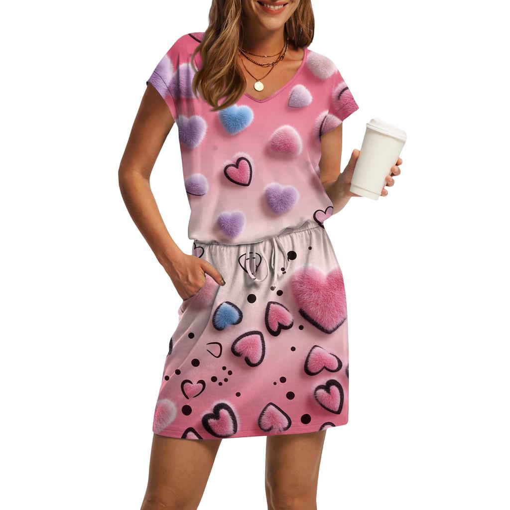 Women's V,Neck Short,Sleeve Drawstring Pocket Valentine's Day Print Casual Dress