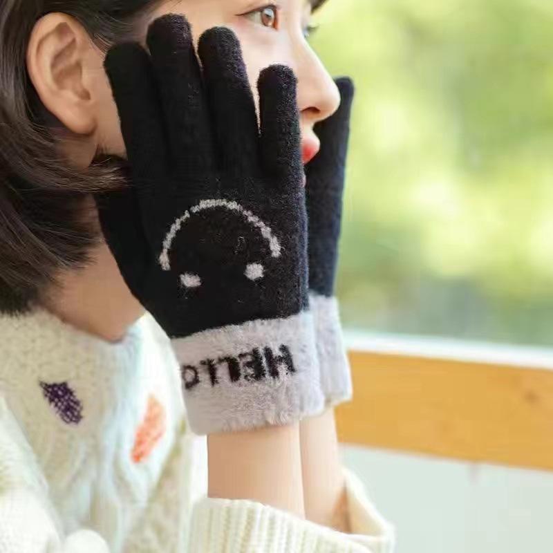 

Вязаные перчатки со смайликом, милые женские плюшевые теплые и защищающие от мороза перчатки для велоспорта с защитой пальцев на осень и зиму