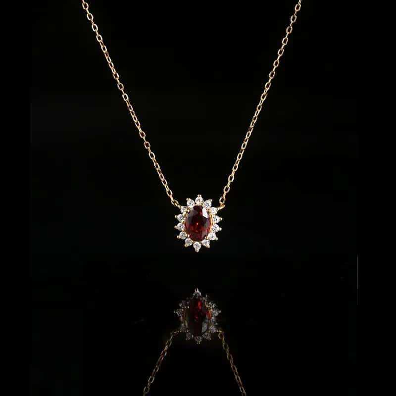 18K Gold Plated Sterling Silver Garnet Red Ruby Necklace for Women - Retro Fashion Clavicle Chain