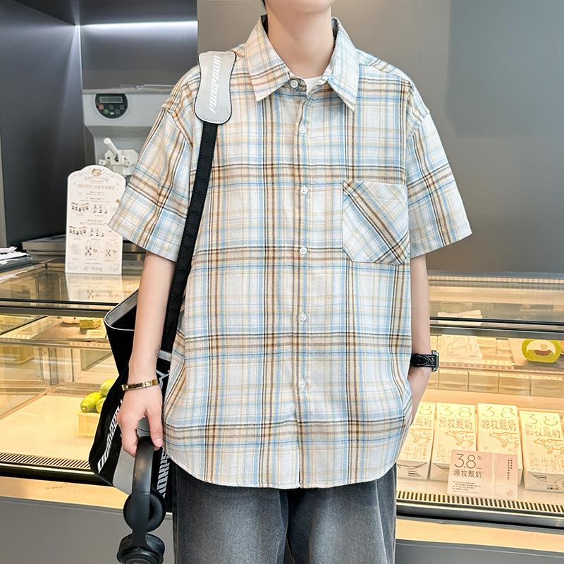 Vintage Check Pattern Shirt Men's Summer Short Plaid Shirt Boys Loose Large Size Trendy Brand Ruffian Handsome Youth Casual