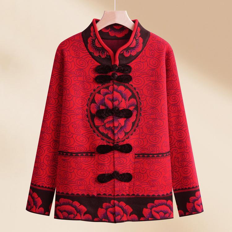 Middle-aged and Elderly Mothers with Velvet Year of Zodiac Tops for Seniors Grandma Spring and Women Knitted Sweater for New Year's Jacket