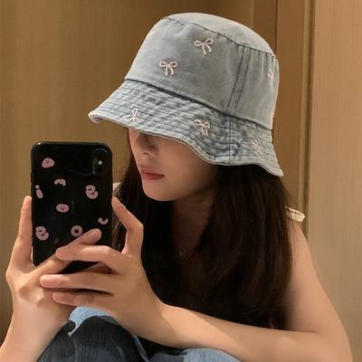 Wide Brim Denim Fisherman Hat Bow Embroidered Beach Sun Hat Fashion Bucket Hat