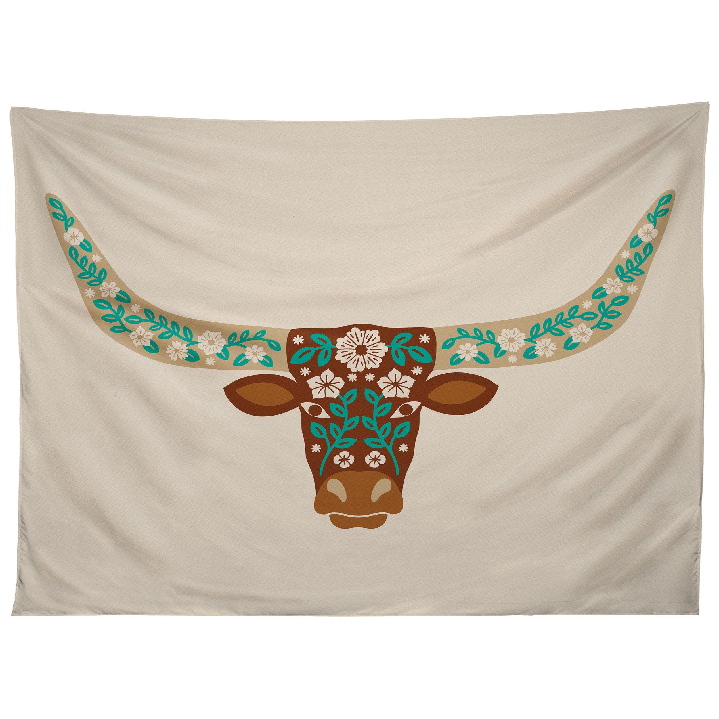 FLORAL LONGHORN BROWN AND TURQUOISE tapestry 75x100