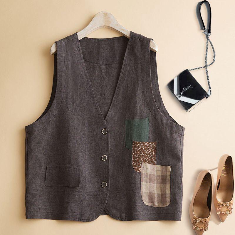 Gilet d'été à trois poches en coton et lin pour femme