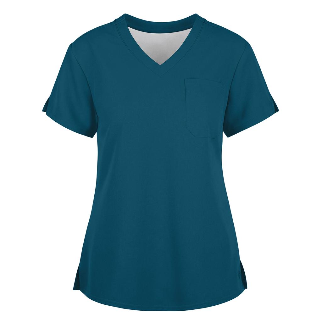 Women's Fashionable Loose-Fit Short-Sleeve V-Neck Workwear Blouse With Slit And Pockets