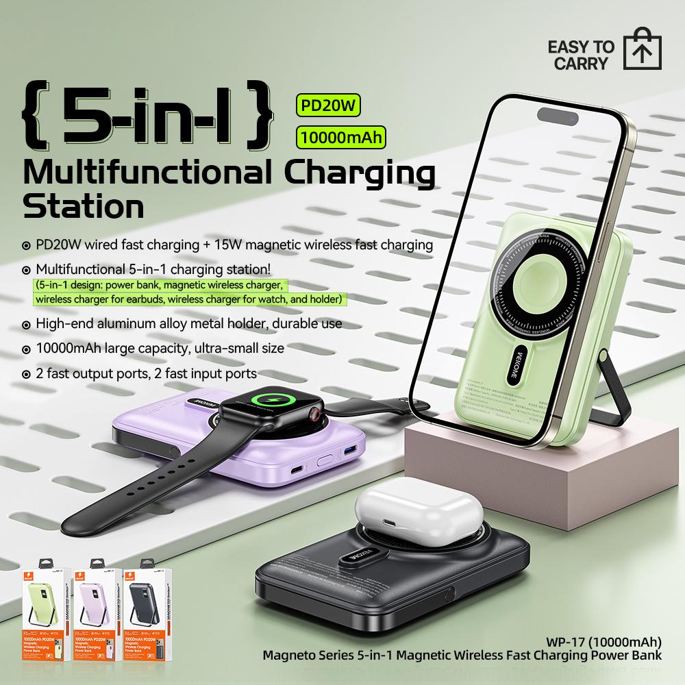 

WEKOME WP-17 10000mAh Power Bank Fast Charger 5-in-1 Charging Station with Stand Grey