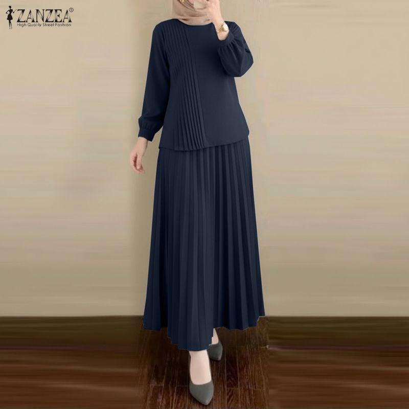 ZANZEA Completi casual da donna a due pezzi: camicetta a maniche lunghe e gonna a pieghe