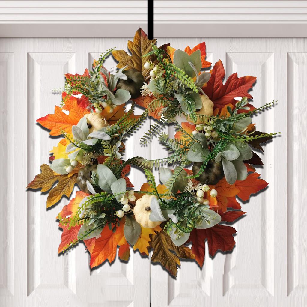 Fall Wreath, Maple Leaf Thanksgiving Door Wreath For Halloween Decoration
