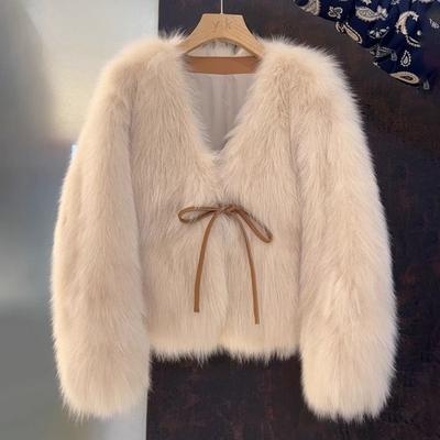 Qianjin Wind Pelzjacke für Damen Herbst und Winter kleine Herren, neuer Kragen Schnürung Imitation Fuchsfell Verdickt Leichtes Oberteil
