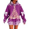 Ladies' Christmas Printed Bow Long Sleeved Loose Fitting Headband With Rope Hooded Sweatshirt Top