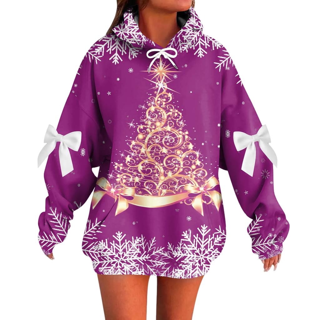 Ladies' Christmas Printed Bow Long Sleeved Loose Fitting Headband With Rope Hooded Sweatshirt Top