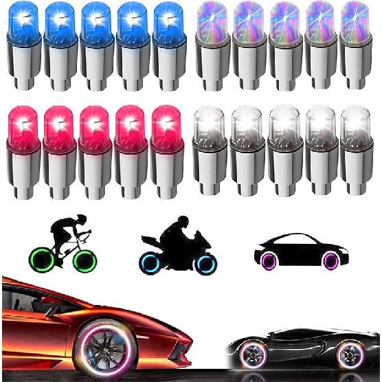 4 Pack LED Valve Stem Caps Lights for Car Tires Wheel Assemblies Auto Motion Light up in Dark Air Neon Bicycle Motorcycle Tyre Bike Truck Golf Cart